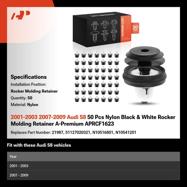 2001-2003 2007-2009 Audi S8 50 Pcs Nylon Black & White Rocker Molding Retainer A-Premium APRCF1623