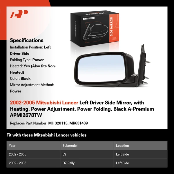 2002-2005 Mitsubishi Lancer Left Driver Side Mirror, with Heating, Power Adjustment, Power Folding, Black A-Premium APMI2678TW