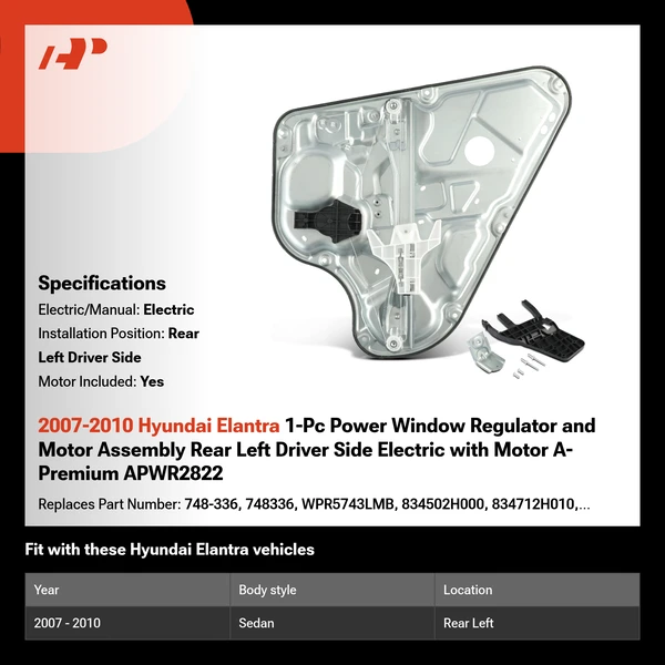 2007-2010 Hyundai Elantra 1-Pc Power Window Regulator and Motor Assembly Rear Left Driver Side Electric with Motor A-Premium APWR2822
