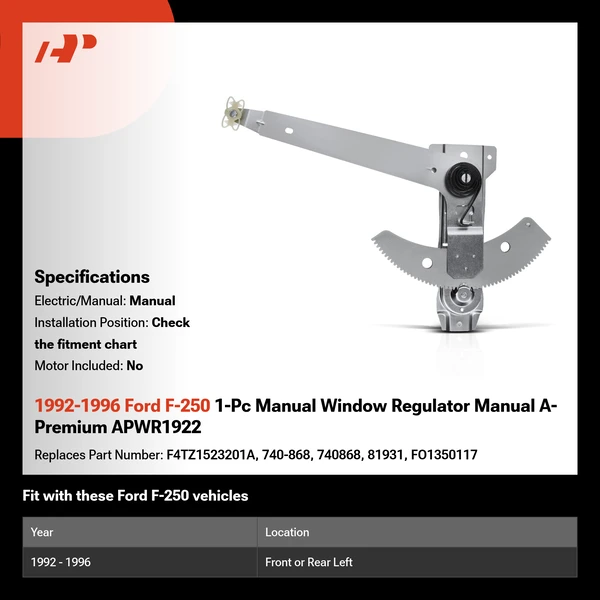 1992-1996 Ford F-250 1-Pc Manual Window Regulator Manual A-Premium APWR1922