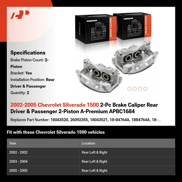 2002-2005 Chevrolet Silverado 1500 2-Pc Brake Caliper Rear Driver & Passenger 2-Piston A-Premium APBC1684