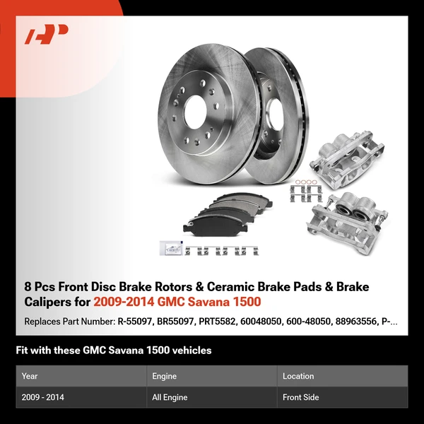 8 Pcs Front Disc Brake Rotors & Ceramic Brake Pads & Brake Calipers for 2009-2014 GMC Savana 1500