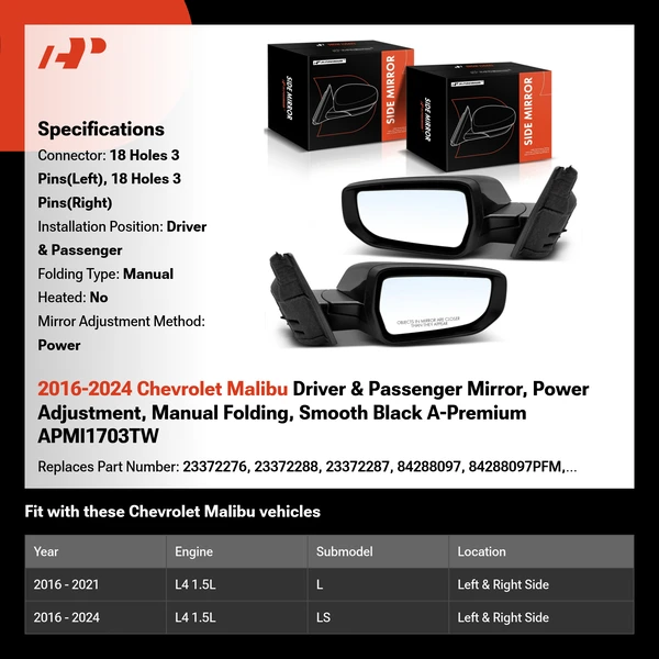 2016-2024 Chevrolet Malibu Driver & Passenger Mirror, Power Adjustment, Manual Folding, Smooth Black A-Premium APMI1703TW