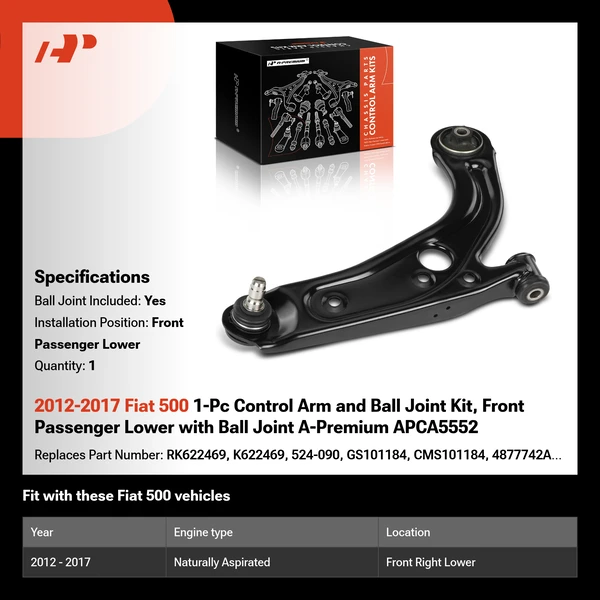 2012-2017 Fiat 500 1-Pc Control Arm and Ball Joint Kit, Front Passenger Lower with Ball Joint A-Premium APCA5552