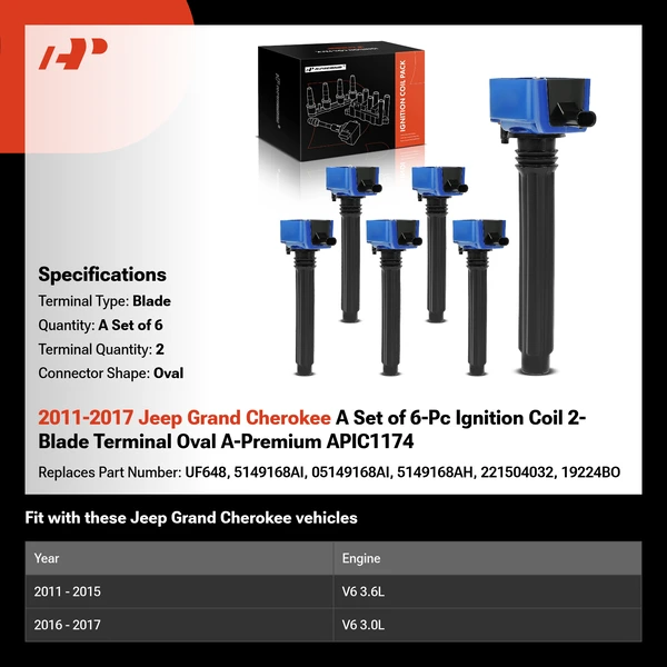 2011-2017 Jeep Grand Cherokee A Set of 6-Pc Ignition Coil 2-Blade Terminal Oval A-Premium APIC1174