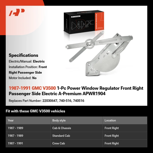 1987-1991 GMC V3500 1-Pc Power Window Regulator Front Right Passenger Side Electric A-Premium APWR1904