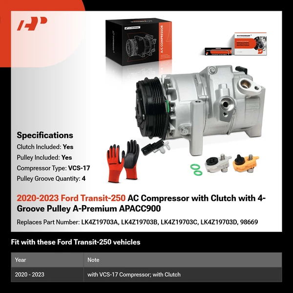 2020-2023 Ford Transit-250 AC Compressor with Clutch with 4-Groove Pulley A-Premium APACC900