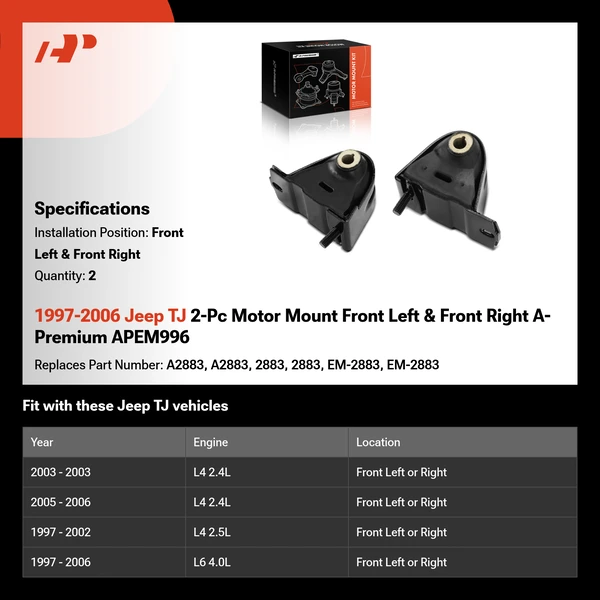 1997-2006 Jeep TJ 2-Pc Motor Mount Front Left & Front Right A-Premium APEM996