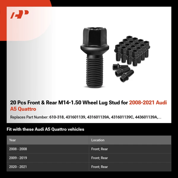 20 Pcs Front & Rear M14-1.50 Wheel Lug Stud for 2008-2021 Audi A5 Quattro