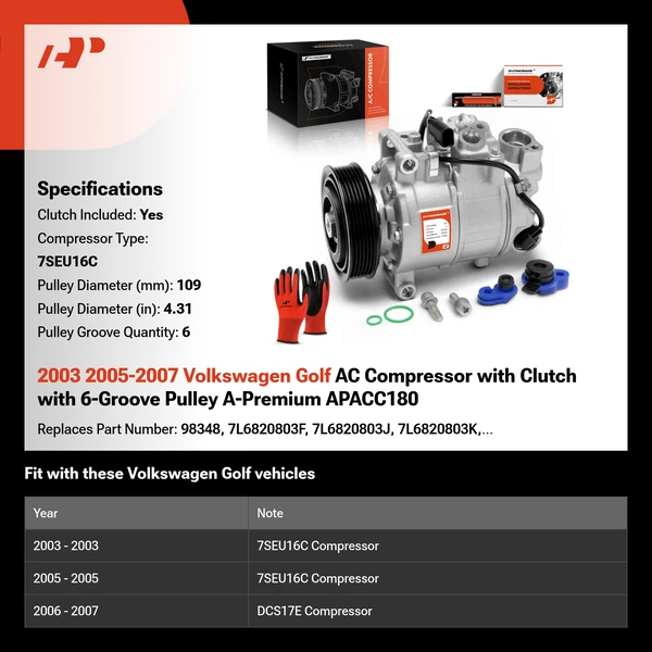 2003 2005-2007 Volkswagen Golf AC Compressor with Clutch with 6-Groove Pulley A-Premium APACC180