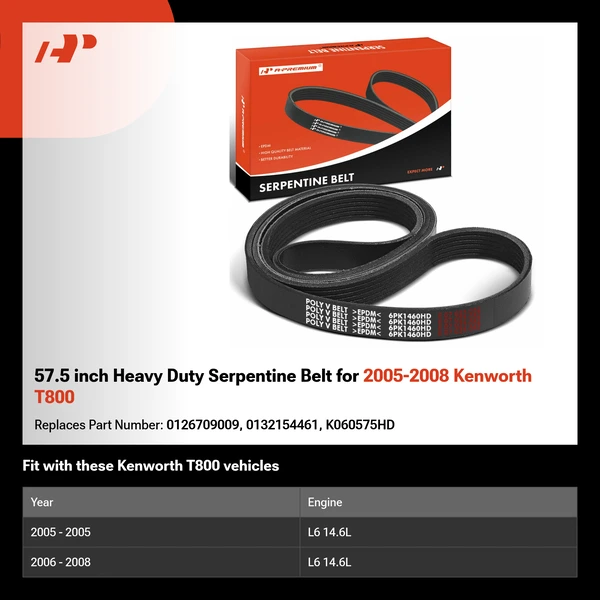 57.5 inch Heavy Duty Serpentine Belt for 2005-2008 Kenworth T800