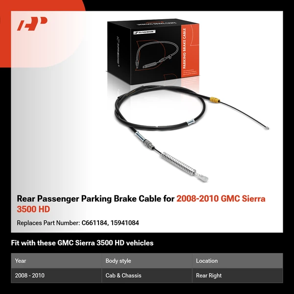 Rear Passenger Parking Brake Cable for 2008-2010 GMC Sierra 3500 HD