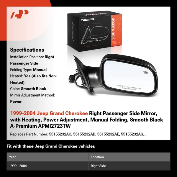 1999-2004 Jeep Grand Cherokee Right Passenger Side Mirror, with Heating, Power Adjustment, Manual Folding, Smooth Black A-Premium APMI2723TW