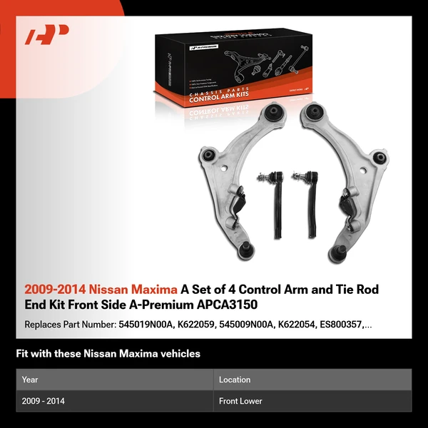 2009-2014 Nissan Maxima A Set of 4 Control Arm and Tie Rod End Kit Front Side A-Premium APCA3150