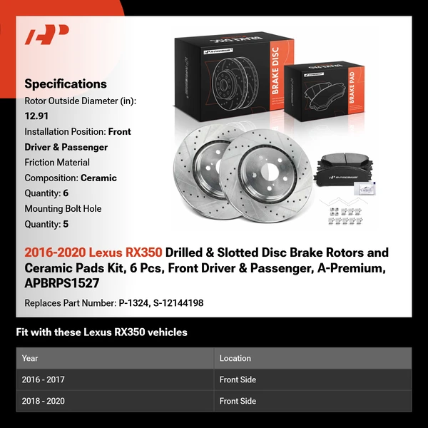 2016-2020 Lexus RX350 Drilled & Slotted Disc Brake Rotors and Ceramic Pads Kit, 6 Pcs, Front Driver & Passenger, A-Premium, APBRPS1527
