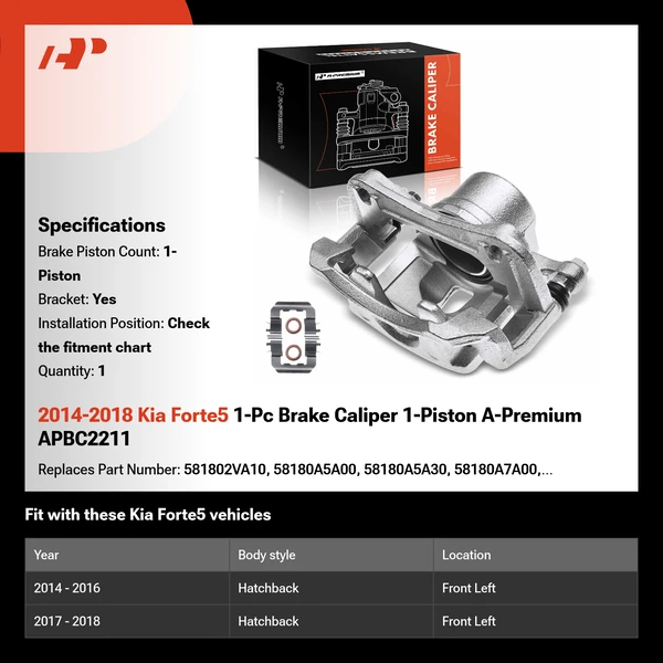 2014-2018 Kia Forte5 1-Pc Brake Caliper 1-Piston A-Premium APBC2211