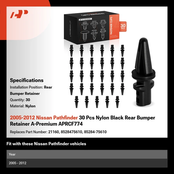 2005-2012 Nissan Pathfinder 30 Pcs Nylon Black Rear Bumper Retainer A-Premium APRCF774