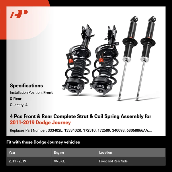 4 Pcs Front & Rear Complete Strut & Coil Spring Assembly for 2011-2019 Dodge Journey