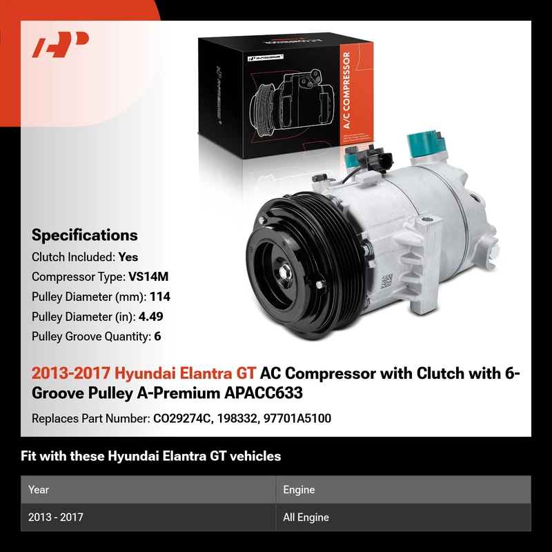2013-2017 Hyundai Elantra GT AC Compressor with Clutch with 6-Groove Pulley A-Premium APACC633