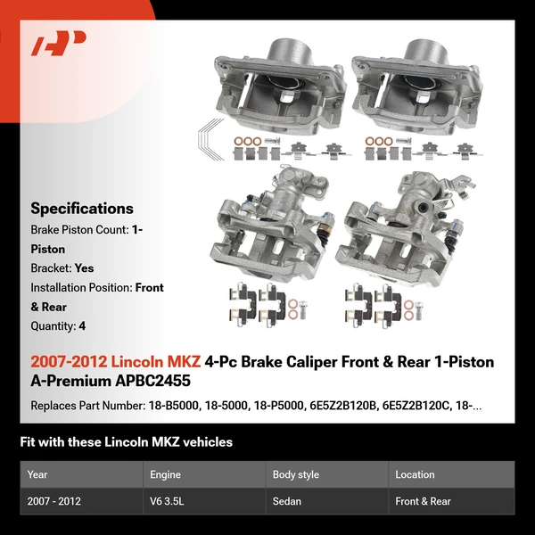 2007-2012 Lincoln MKZ 4-Pc Brake Caliper Front & Rear 1-Piston A-Premium APBC2455