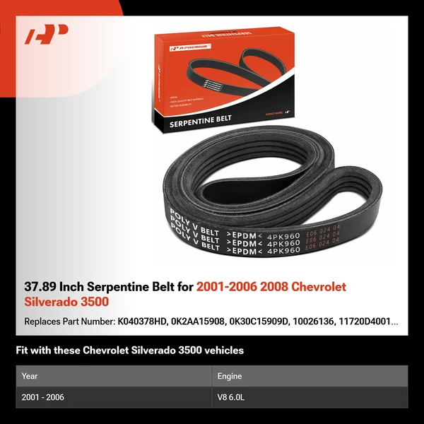37.89 Inch Serpentine Belt for 2001-2006 2008 Chevrolet Silverado 3500