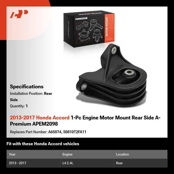 2013-2017 Honda Accord 1-Pc Engine Motor Mount Rear Side A-Premium APEM2098