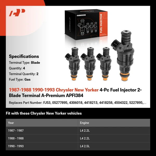 1987-1988 1990-1993 Chrysler New Yorker 4-Pc Fuel Injector 2-Blade Terminal A-Premium APFI384