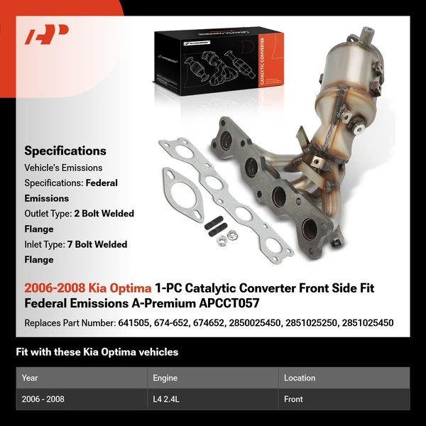 2006-2008 Kia Optima 1-PC Catalytic Converter Front Side Fit Federal Emissions A-Premium APCCT057