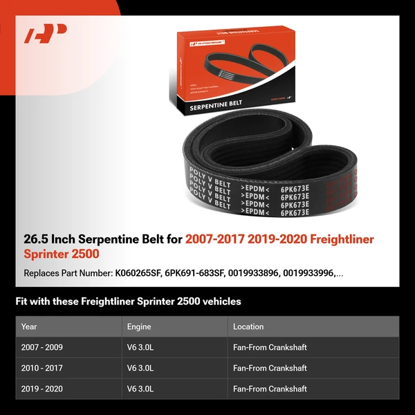 26.5 Inch Serpentine Belt for 2007-2017 2019-2020 Freightliner Sprinter 2500