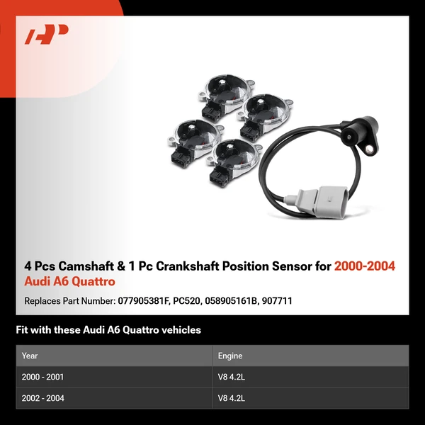 4 Pcs Camshaft & 1 Pc Crankshaft Position Sensor for 2000-2004 Audi A6 Quattro