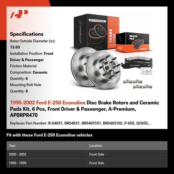 1995-2002 Ford E-250 Econoline Disc Brake Rotors and Ceramic Pads Kit, 6 Pcs, Front Driver & Passenger, A-Premium, APBRPR470