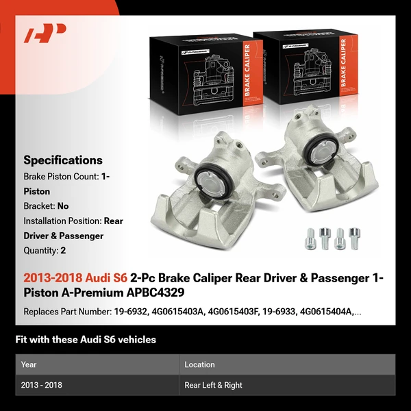 2013-2018 Audi S6 2-Pc Brake Caliper Rear Driver & Passenger 1-Piston A-Premium APBC4329