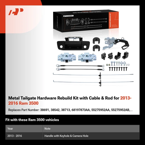Metal Tailgate Hardware Rebuild Kit with Cable & Rod for 2013-2016 Ram 3500