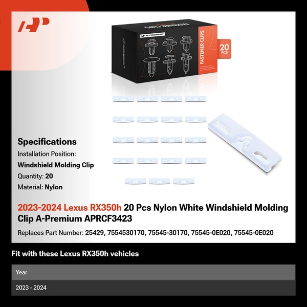 2023-2024 Lexus RX350h 20 Pcs Nylon White Windshield Molding Clip A-Premium APRCF3423