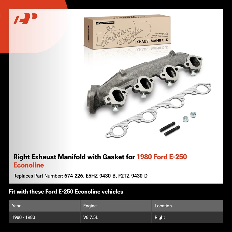 Right Exhaust Manifold with Gasket for 1980 Ford E-250 Econoline