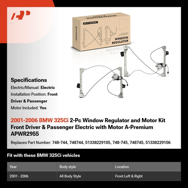 2001-2006 BMW 325Ci 2-Pc Window Regulator and Motor Kit Front Driver & Passenger Electric with Motor A-Premium APWR2955