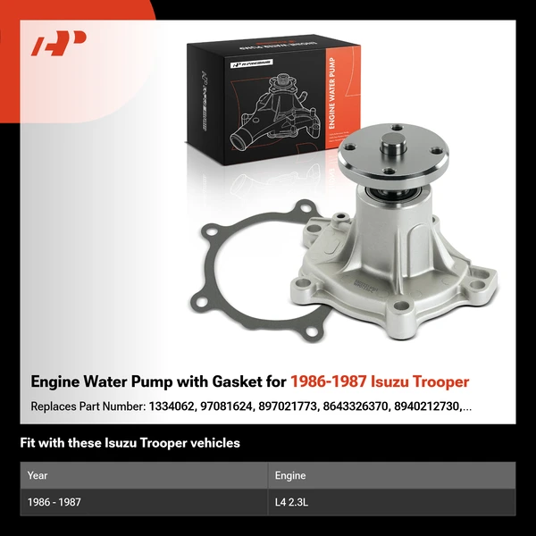 Engine Water Pump with Gasket for 1986-1987 Isuzu Trooper