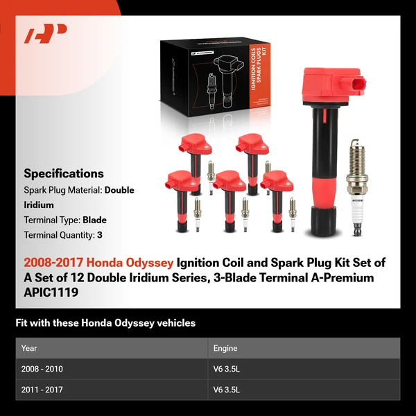 2008-2017 Honda Odyssey Ignition Coil and Spark Plug Kit Set of A Set of 12 Double Iridium Series, 3-Blade Terminal A-Premium APIC1119