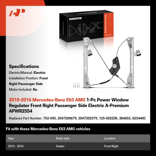 2010-2016 Mercedes-Benz E63 AMG 1-Pc Power Window Regulator Front Right Passenger Side Electric A-Premium APWR2554