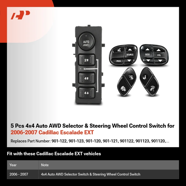 5 Pcs 4x4 Auto AWD Selector & Steering Wheel Control Switch for 2006-2007 Cadillac Escalade EXT