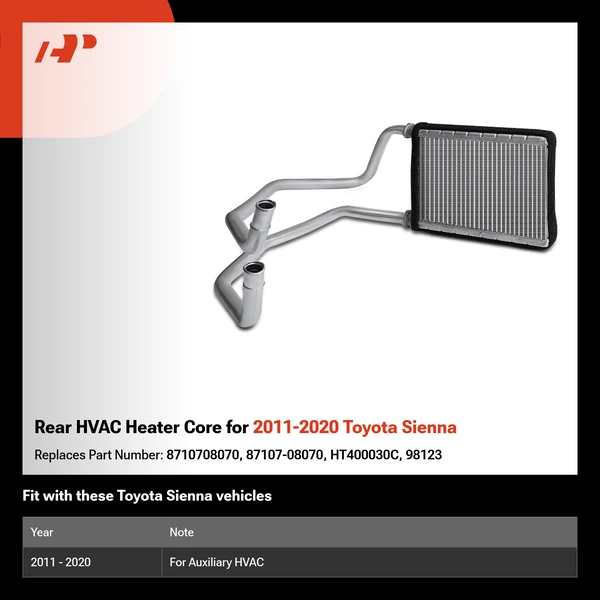 Rear HVAC Heater Core for 2011-2020 Toyota Sienna