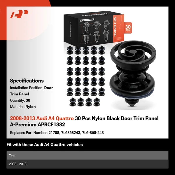 2008-2013 Audi A4 Quattro 30 Pcs Nylon Black Door Trim Panel A-Premium APRCF1382
