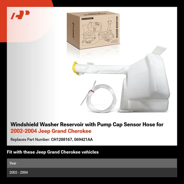 Windshield Washer Reservoir with Pump Cap Sensor Hose for 2002-2004 Jeep Grand Cherokee