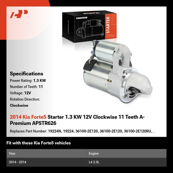2014 Kia Forte5 Starter 1.3 KW 12V Clockwise 11 Teeth A-Premium APSTR626