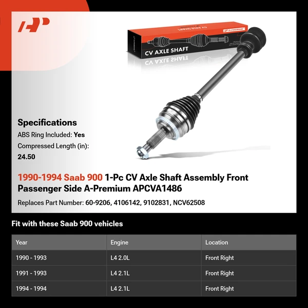 1990-1994 Saab 900 1-Pc CV Axle Shaft Assembly Front Passenger Side A-Premium APCVA1486
