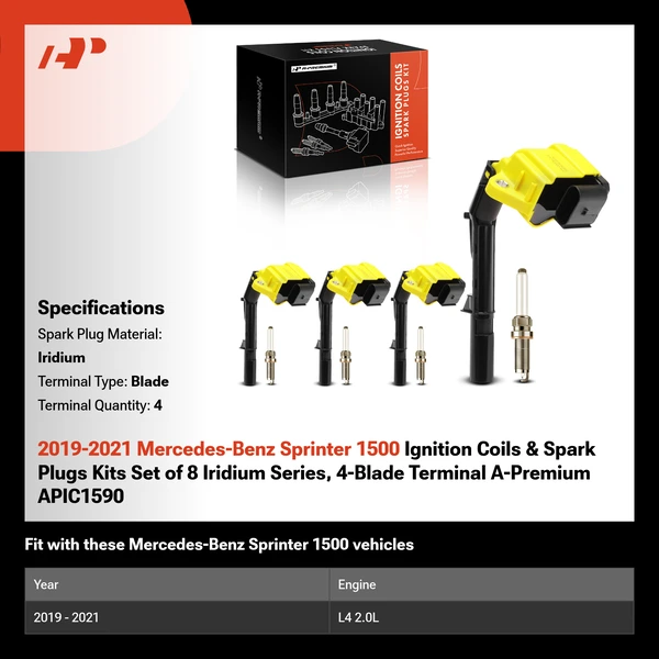 2019-2021 Mercedes-Benz Sprinter 1500 Ignition Coils & Spark Plugs Kits Set of 8 Iridium Series, 4-Blade Terminal A-Premium APIC1590