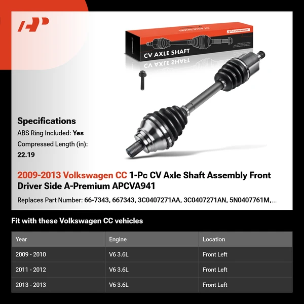2009-2013 Volkswagen CC 1-Pc CV Axle Shaft Assembly Front Driver Side A-Premium APCVA941
