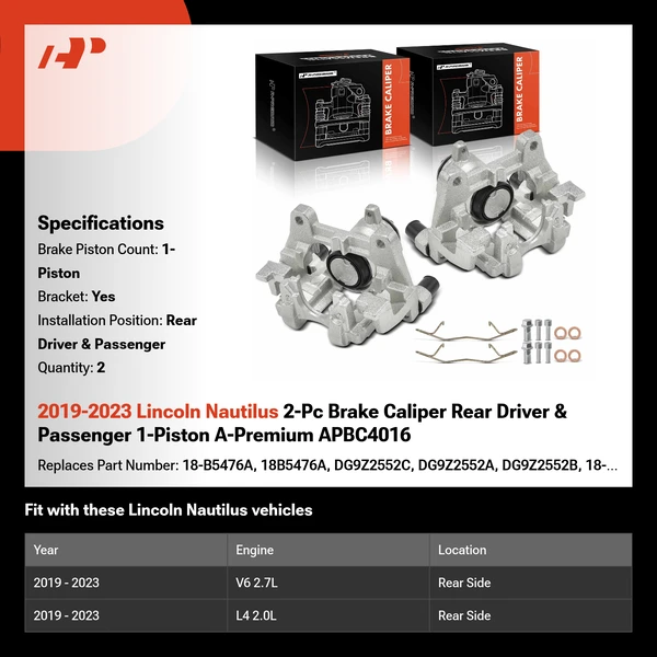 2019-2023 Lincoln Nautilus 2-Pc Brake Caliper Rear Driver & Passenger 1-Piston A-Premium APBC4016