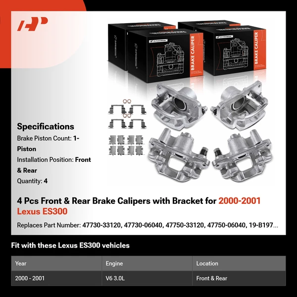 4 Pcs Front & Rear Brake Calipers with Bracket for 2000-2001 Lexus ES300