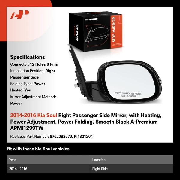 2014-2016 Kia Soul Right Passenger Side Mirror, with Heating, Power Adjustment, Power Folding, Smooth Black A-Premium APMI1299TW